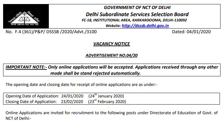 DSSSB PGT TGT Recruitment 2020 Notification